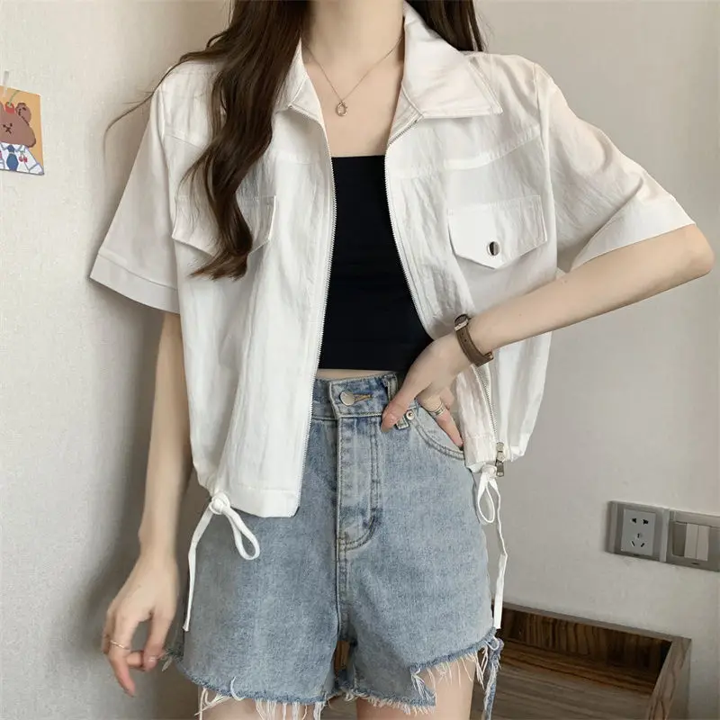 2024 Summer Cargo Style Women's Zipper Coats Korean Lady Fashion White Polo Collar Short Sleeve Jackets Casual Joker Tops Female