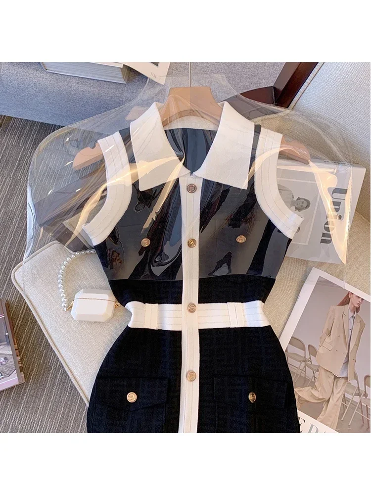 Women Summer Luxury Elegant Patchwork Button Mini Dress 2024 Fashion Turn-Down Collar Contrast Color A-Line Dress Ladies Clothes