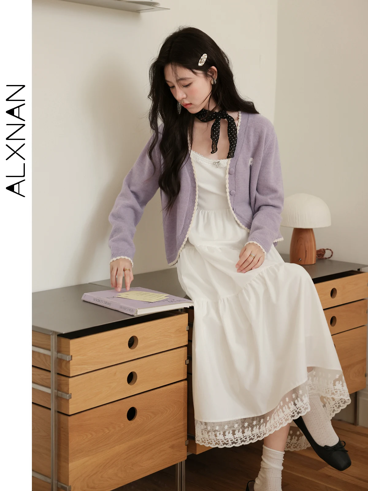 ALXNAN femmes robe sans manches blanc élégant dentelle Patchwork longue robe trapèze 2025 été coréen populaire vêtements femme L56803