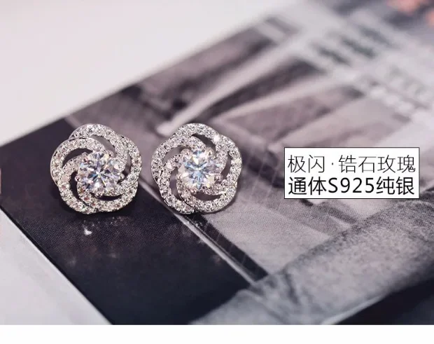 New Arrival Jewelry Female 925 Silver Needle Twist Rose Flower Zircon Crystal Stud Earrings for Women Brincos Pendientes