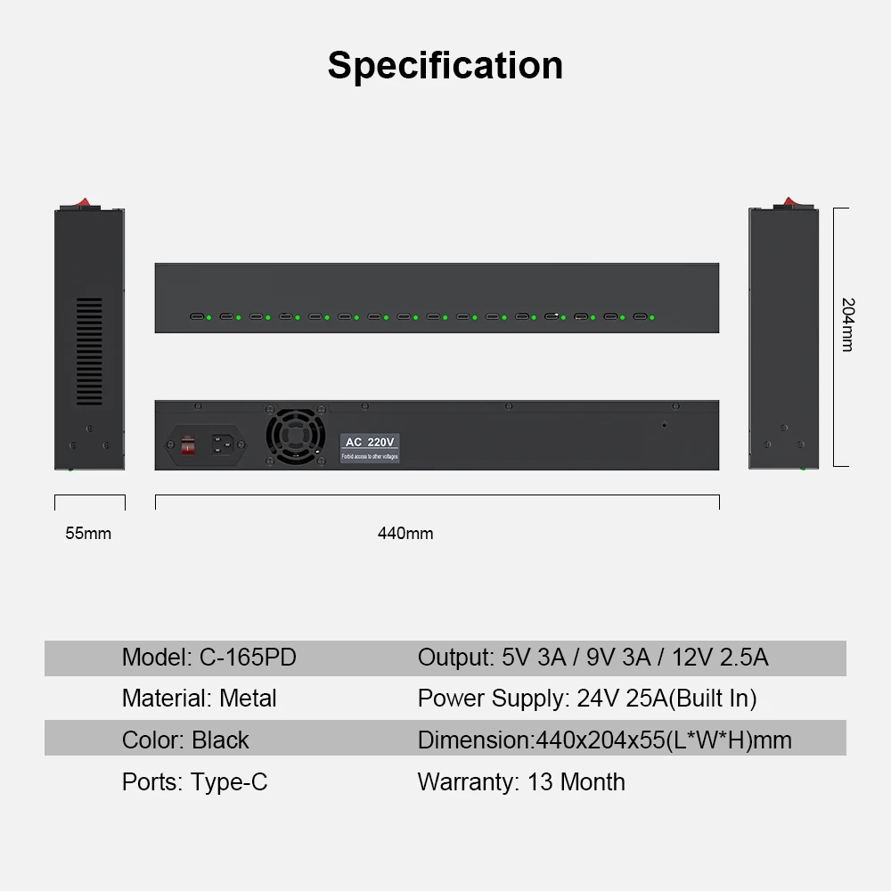 Sipolar USB-C 16 Port 600W PD Industrial Powered Multiport Charging Station 30W per Port