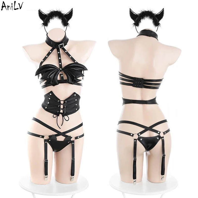 AniLV Halloween Women Rivet Straps Devil Wings Bra Underwear Dark Night Demon Leather Unifrom Pajamas Outfits Costumes Cosplay