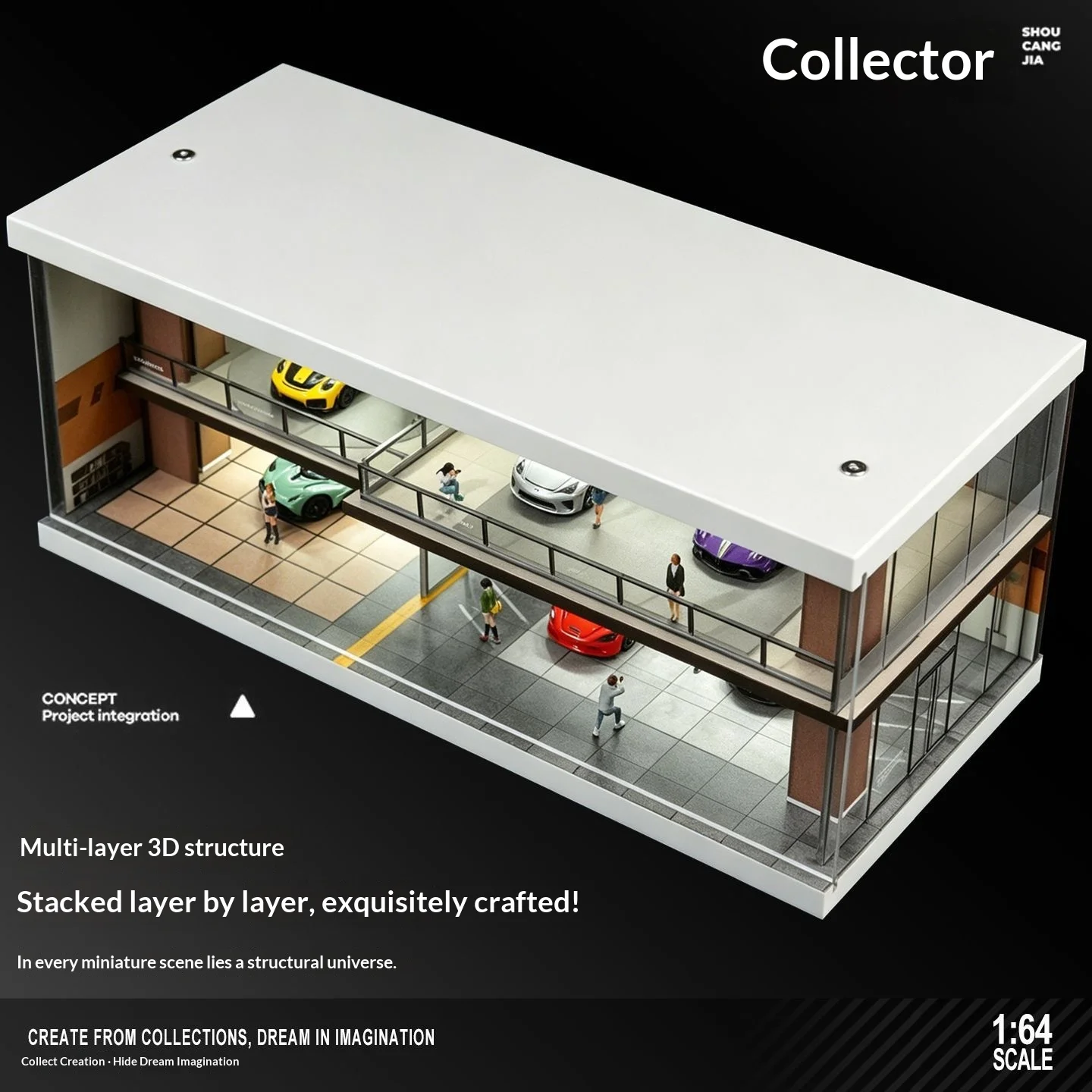 Collector 1:64 Scale Two-Story Parking Garage Model – PVC Diorama Building & Storage Display Case for Diecast Car Collection
