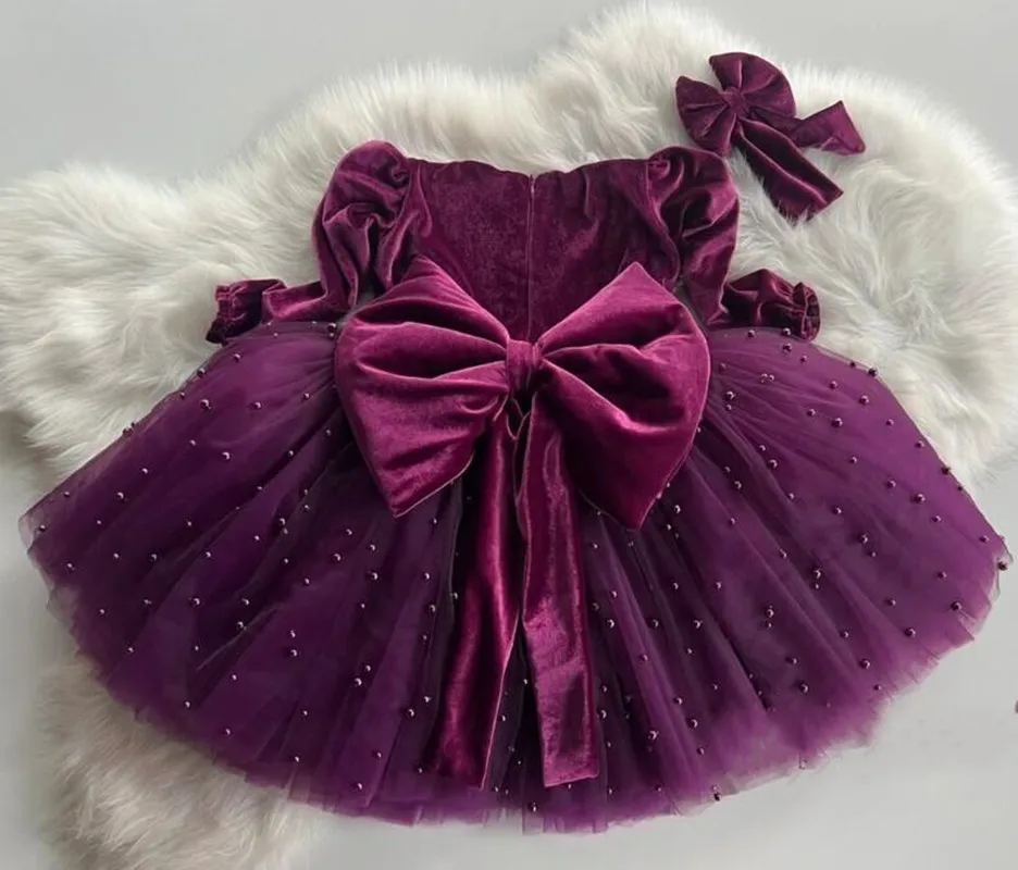 

Purple Velvet Baby Girls Dress Toddler Tutu Outfit Long Sleeve Dress Gift for Girl Wedding Flower Girl Dress Kid 12M 18M 24M