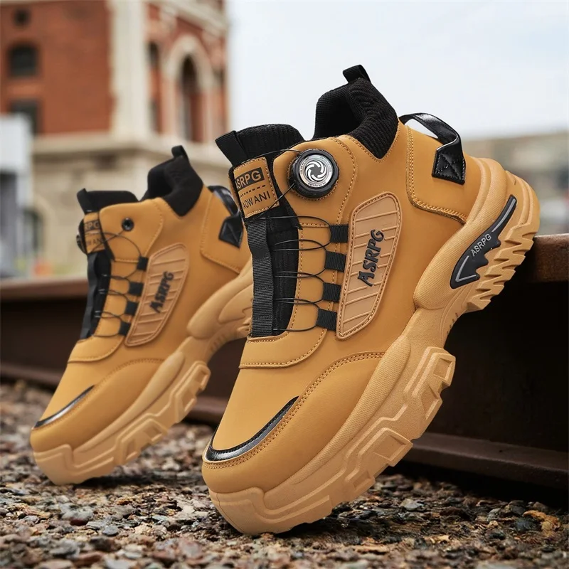 

Осенние мужские мотоциклетные ботинки с вращающейся пряжкой, большие размеры 46, удобная рабочая обувь на платформе для мужчин, уличные нескользящие мужские ботильоны