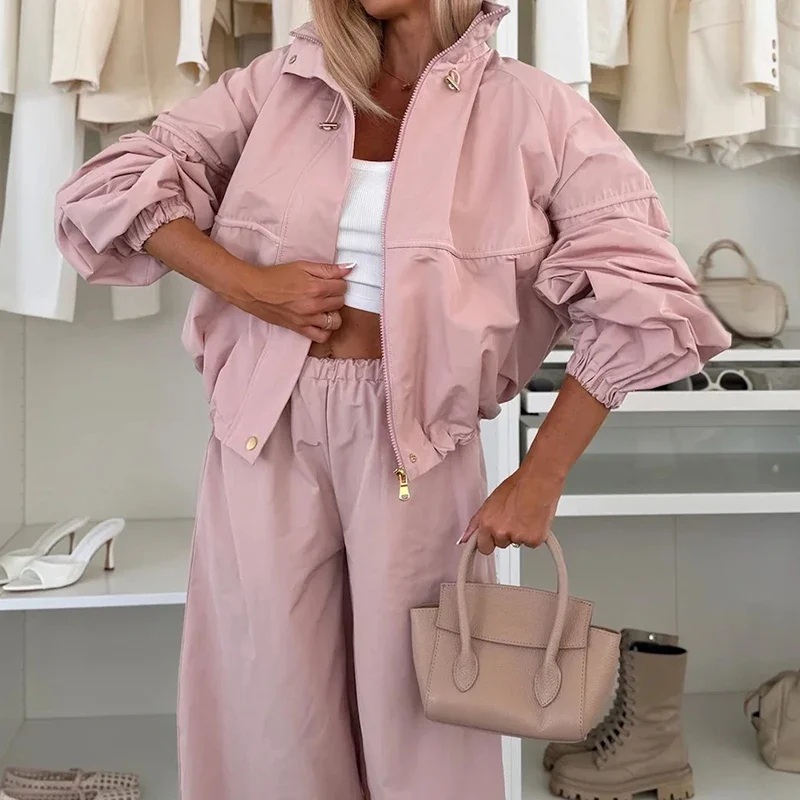 Chic Fashion Zipper Jacket+Pants Two Piece Casual Solid Color Loose Home Suits Comfortable Lapel Long Sleeved Outdoor Sports Out