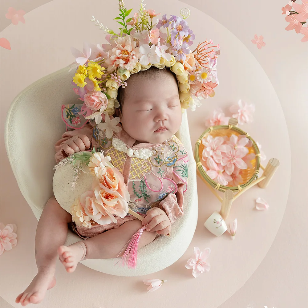 Baby Girl Newborn Photoshoot Outfits Pretty Chinese Elements Style Photography Clothing Bow Tiara Ethnic Style Flower Headdress