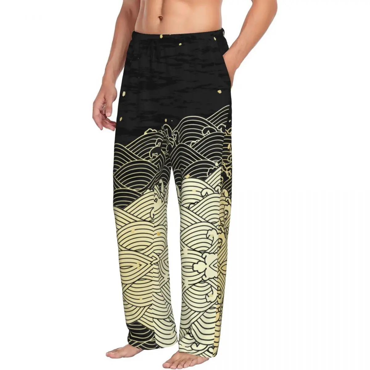 Mens Pajamas Pyjamas Pants Golden Sea Wave Lounge Pants Sleep Bottoms