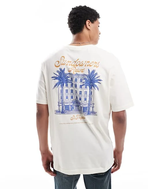 Oversized Fit T-shirt with Resort Back Print in Cream High-end Luxury Unisex Style Both of Men and Women