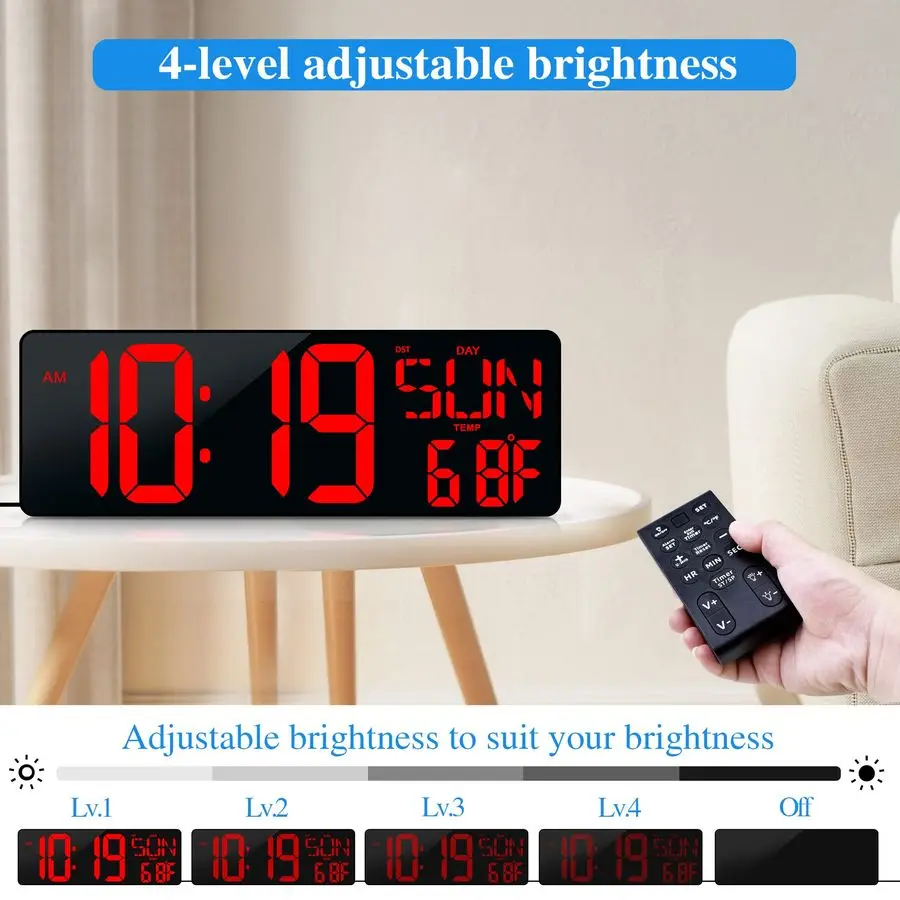 Digital Wall Clock with Remote Control 17.2 LED Large Display Timer with Temperature Date Week Auto DST Adjustable Brightness, B