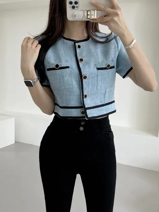 Chic Short Outerwear Women's Shirt Korean Style Cotton Blend round Neck Single Button Color Block Summer New Arrival