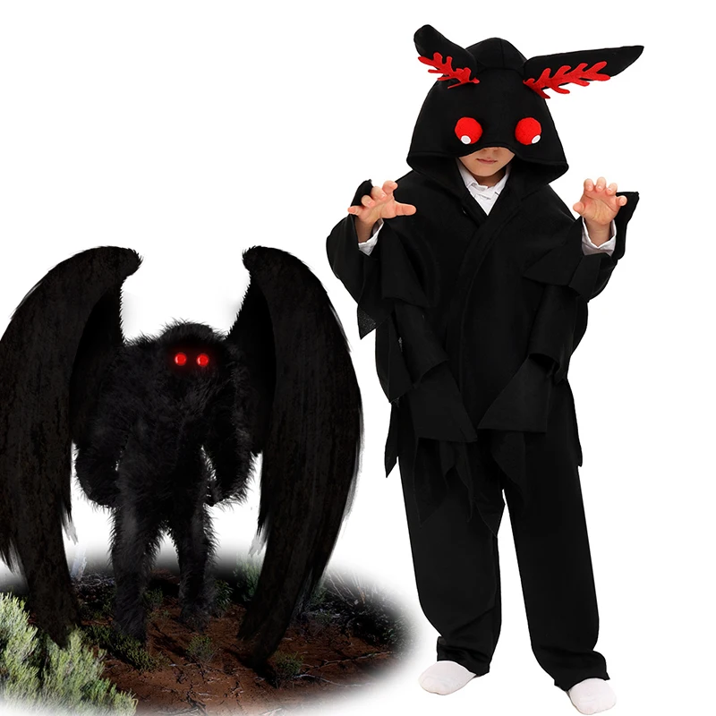 Unisex Scary Black Big Bird Monster Halloween Purim Carnival Outfit Child Mothman Cape Costume