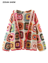 BO00-Colored Plaid Flower Hand Crochet Hooded Cardigan for Women, Ethnic Woman, Open Stitching, Full Sleeve Sweater, Beach Short Jumper