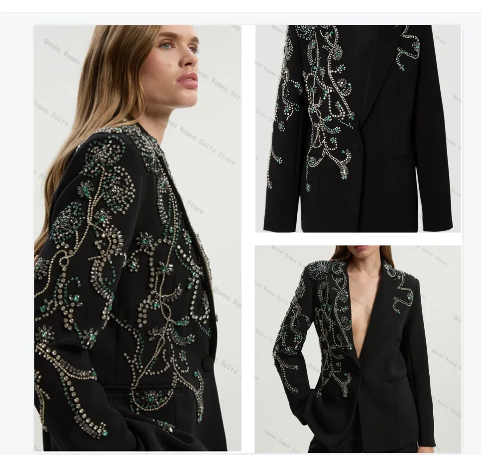 

Luxury Crystals Women Suit Set 2 Piece Blazer+Pants Trousers Black Cotton Formal Office Lady Jacket Wedding Prom Coat Customized