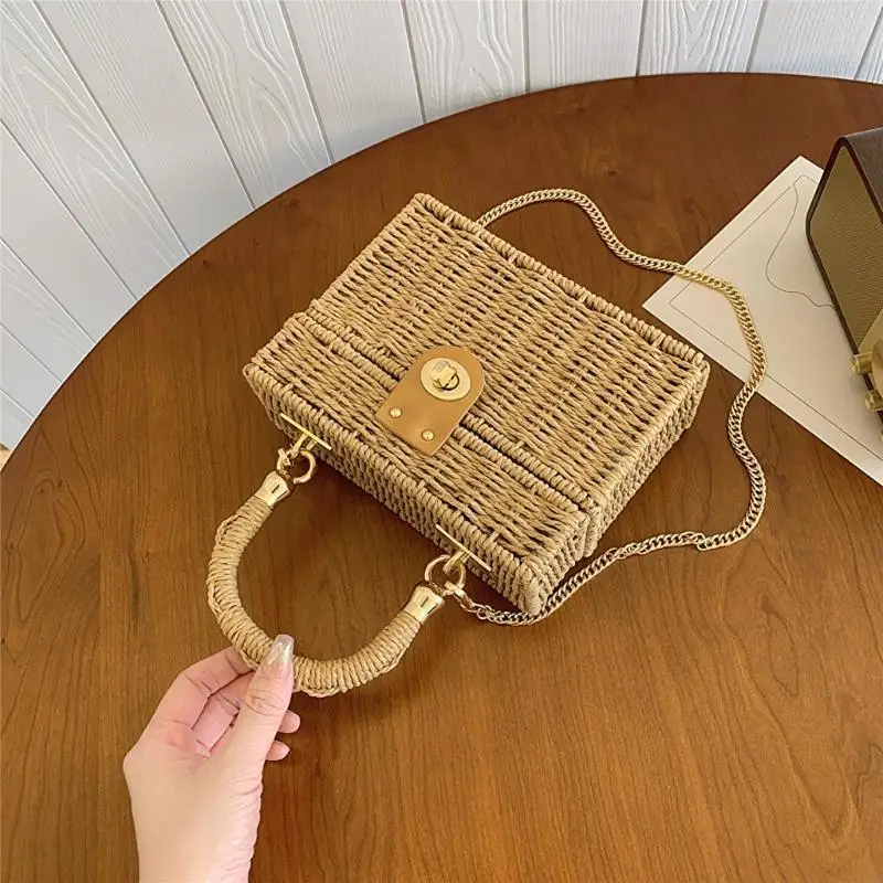 

Square Crossbody Bag Chain Handbag Straw Purse Shoulder Bag for Everyday Use