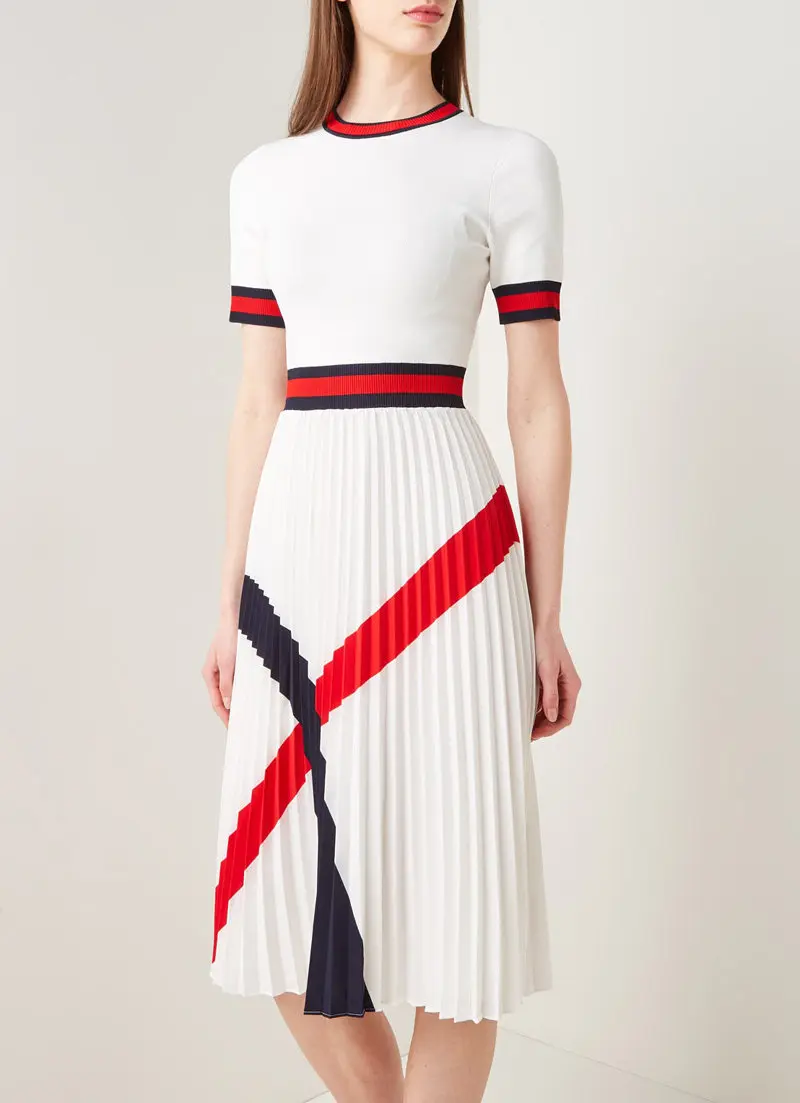 UK Classcial White Knitted Paneled Waist Pleated Shift Midi Dress | Size 0-5 |