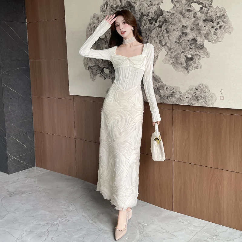 French Elegant Women's Square Collar Party Long Dress Designer Autumn Winter Pearls Chain Long Sleeve Slim Evening Clothes Robe