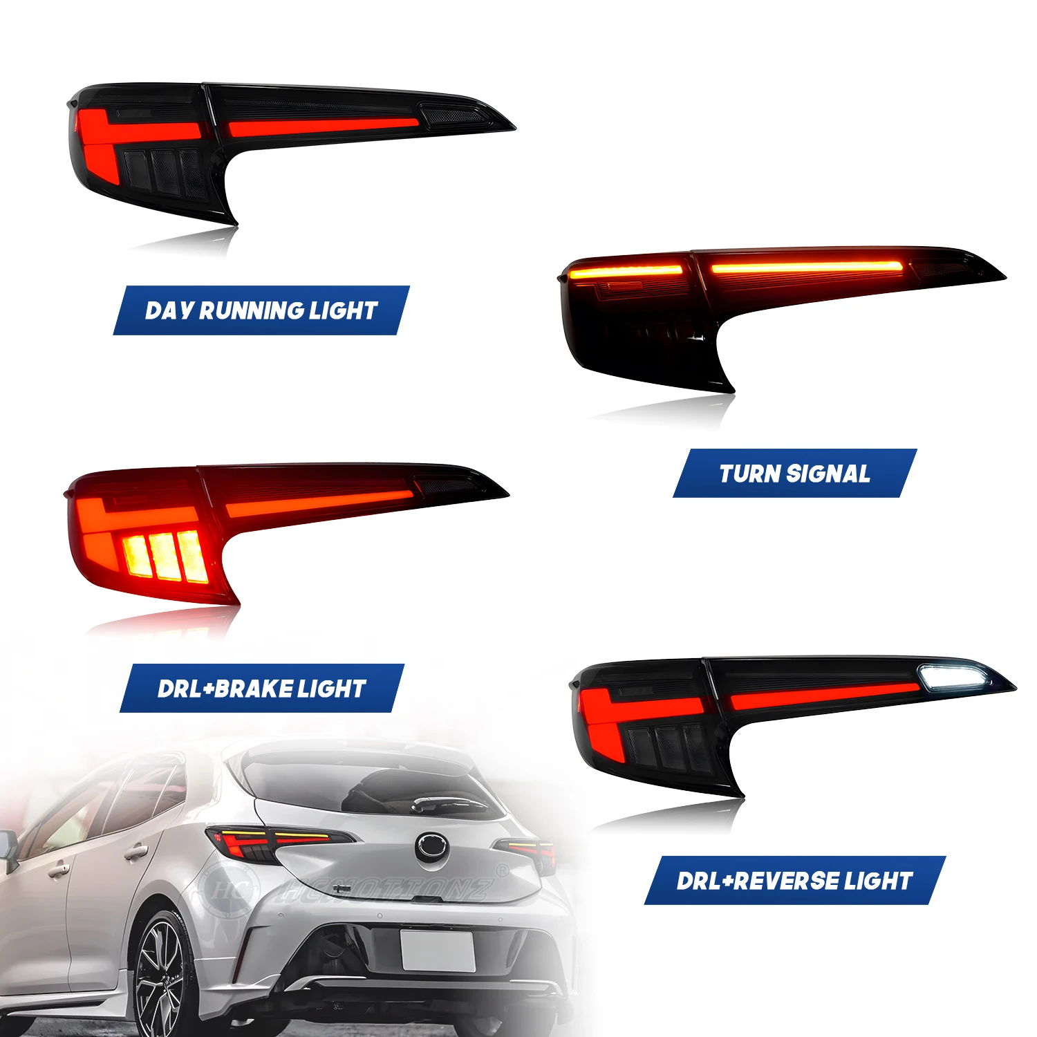 HCMOTIONZ Tail Lights Assembly for Toyota Corolla 2018-2023 LED Rear Lamps Hatchback DRL Animation Lighting System U.S. Shipment