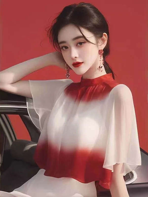 

Уникальный красивый женский топ из шифона с легкими пышными рукавами, корейский стиль, свободный крой, короткий рукав, воротник-стойка