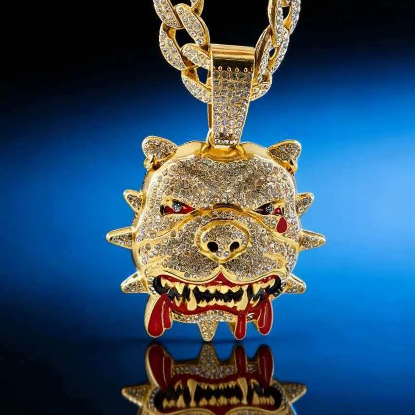 Fashion Punk Bloody Eyes Bulldog Pendant Necklace, Iced Out Rhinestone Cuban Chain Hip Hop Streetwear Jewelry for Guys