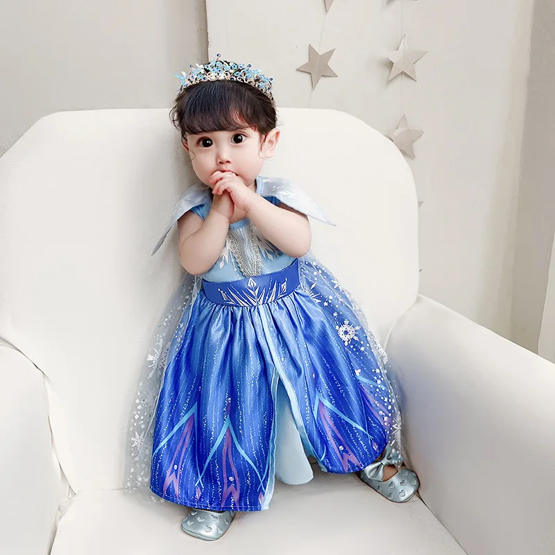 Toddler Snow Princess Baby Girls Dress Vestidos Blue Cosplay 1st  Birthday Party Kids Dresses for Baby Wedding Christmas Evening