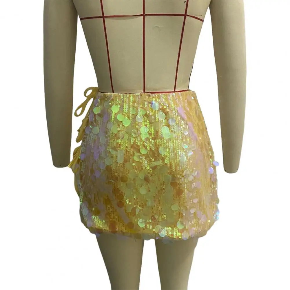 Saia lateral com cadarço e lantejoulas brilhantes, mini saia de cintura alta com design de renda para mulheres, saia de festa sexy com envoltório para noite