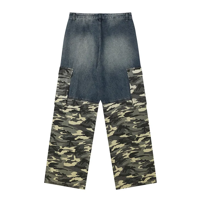 Calças vintage cargo masculino, jeans de retalhos camuflados para homens, calças jeans harajuku de moda hip hop