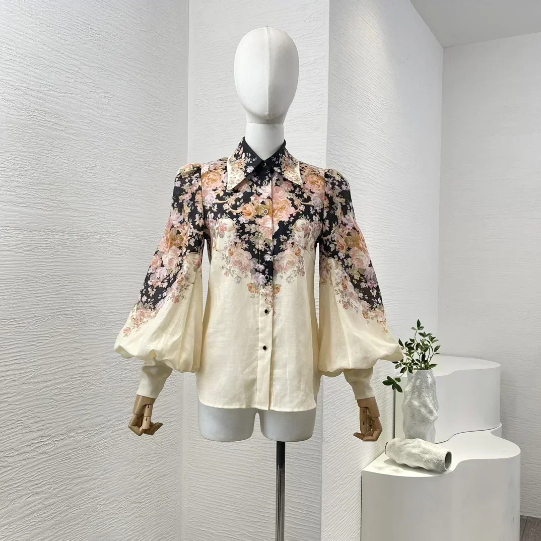 

2024 New Autumn Collection High Quality Beige Full Lantern Sleeve Ramie Blouse and Midi Linen Skirt Women Elegant Sets