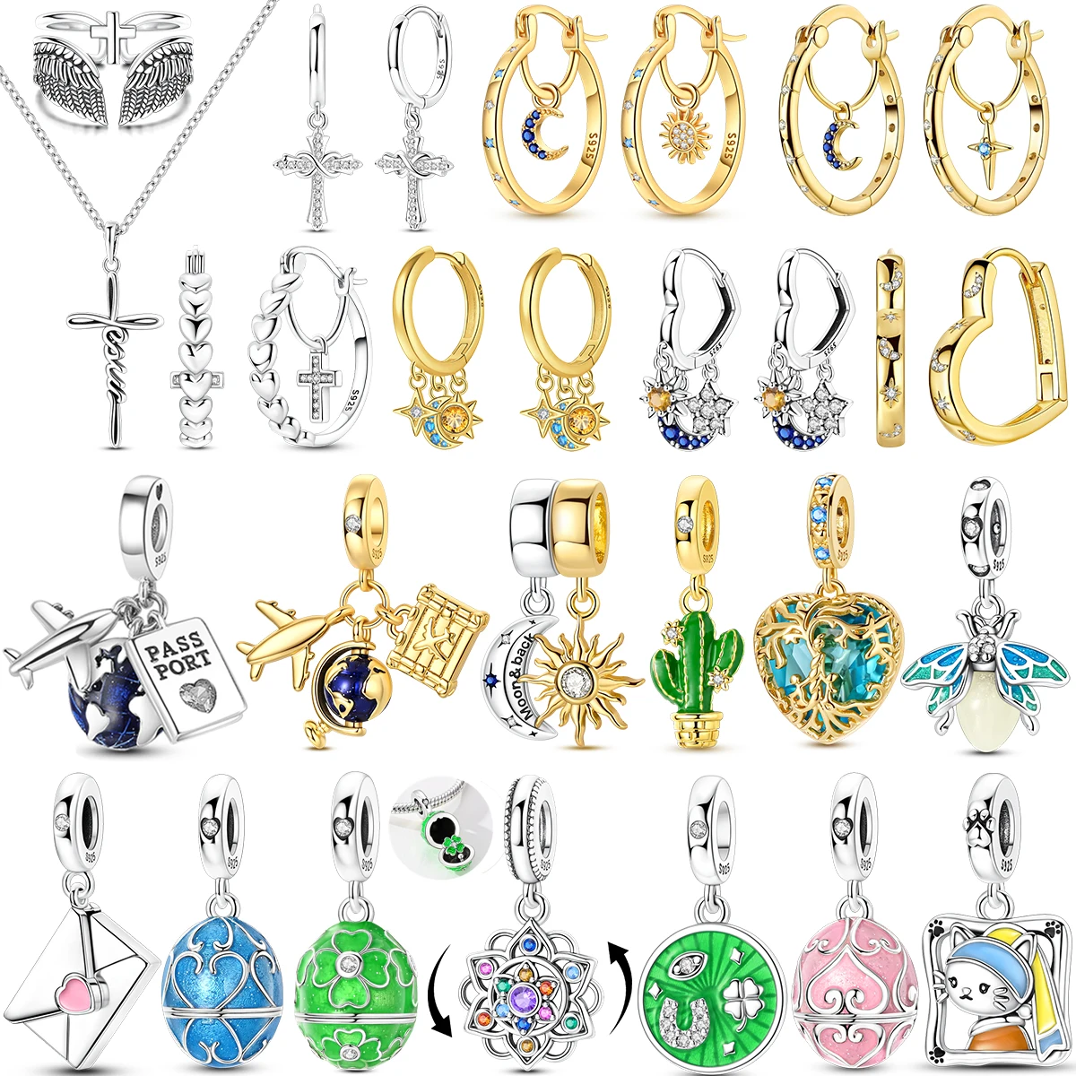 

New 925 Sterling Silver Egg Family Tree Charms Four-Leaf Clover Pendant Star Moon Cross Earrings Ring Bracelet Women DIY Jewelry