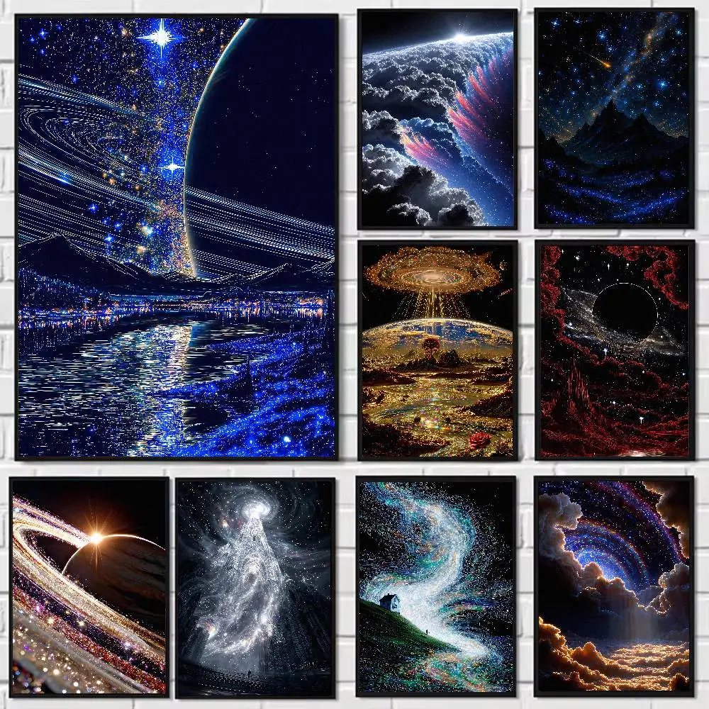 Cosmic Starry Night Landscape Poster, Glowing Blue Galaxy Planet Over Calm Lake with Art Dreamy Aesthetic Room Decor