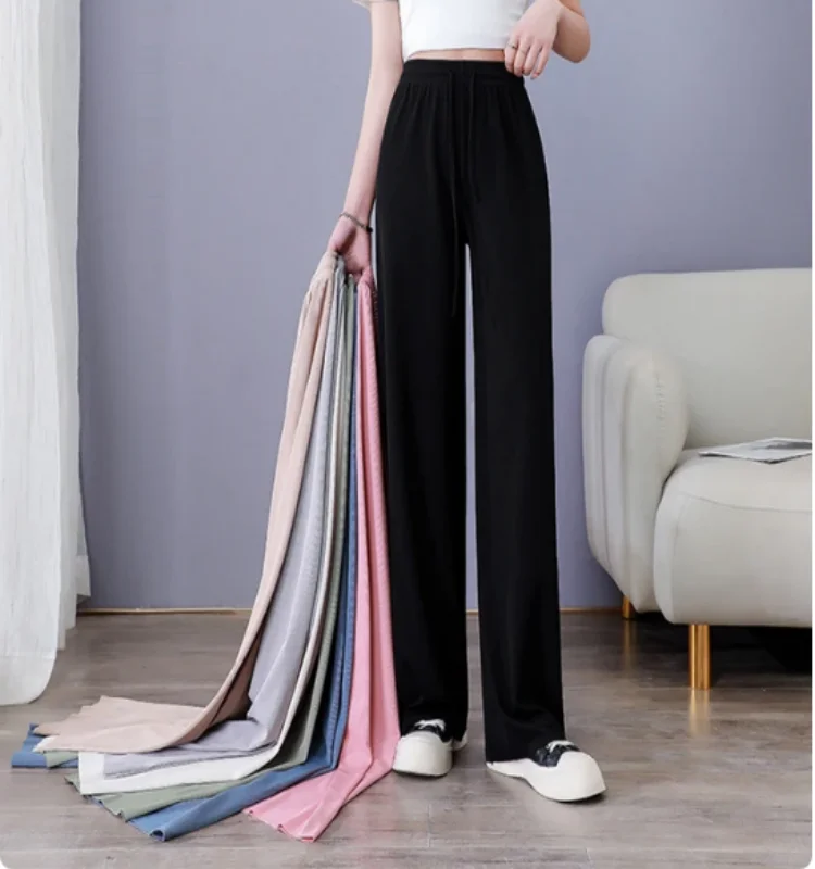 Ice Silk Wide-Leg Pants Women Cool Sweatpants Summer Thin Pleat Loose Straight Pants Office Lady Casual Drawstring Long Trousers