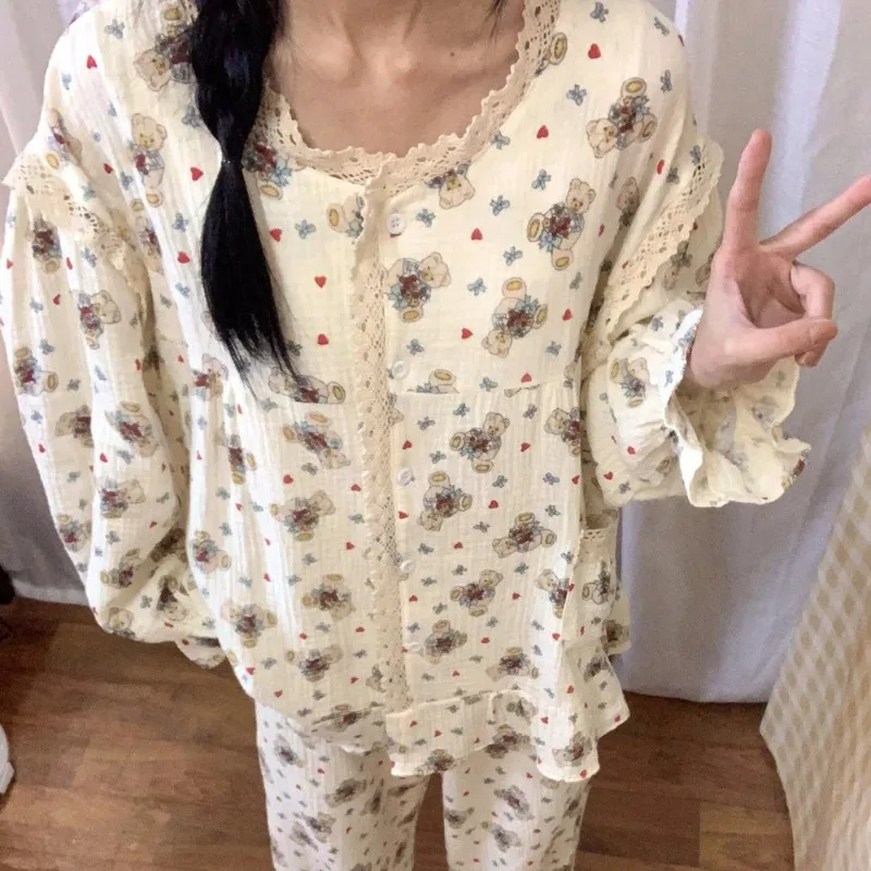 ملابس نوم لطيفة على شكل الدب الصغير للنساء للربيع والخريف، سراويل بأكمام طويلة، مجموعة من الدانتيل والدانتيل، ملابس منزلية على الطراز الياباني الحلو #5