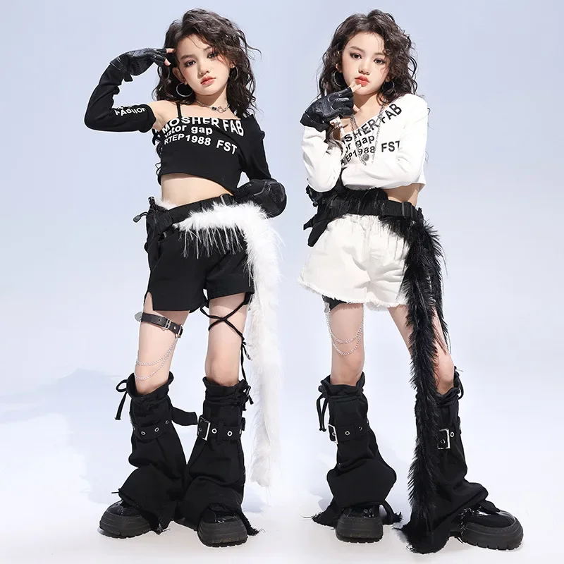 Kid Kpop Hip Hop Clothing White Black One Shoulder Crop Top T Shirt Street Lace Up Shorts for Girl Jazz Dance Costumes Clothes