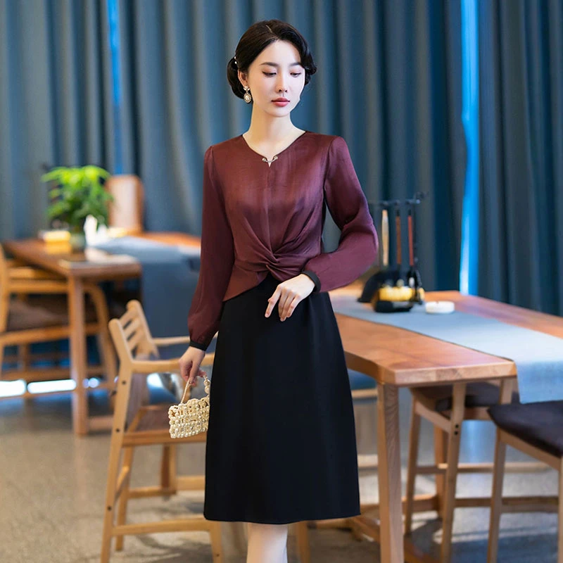 

Fashion Elegant New Solid Color Patchwork V-neck Long Sleeved Dress Autumn Winter Empire Vintage Slim Women's Clothing