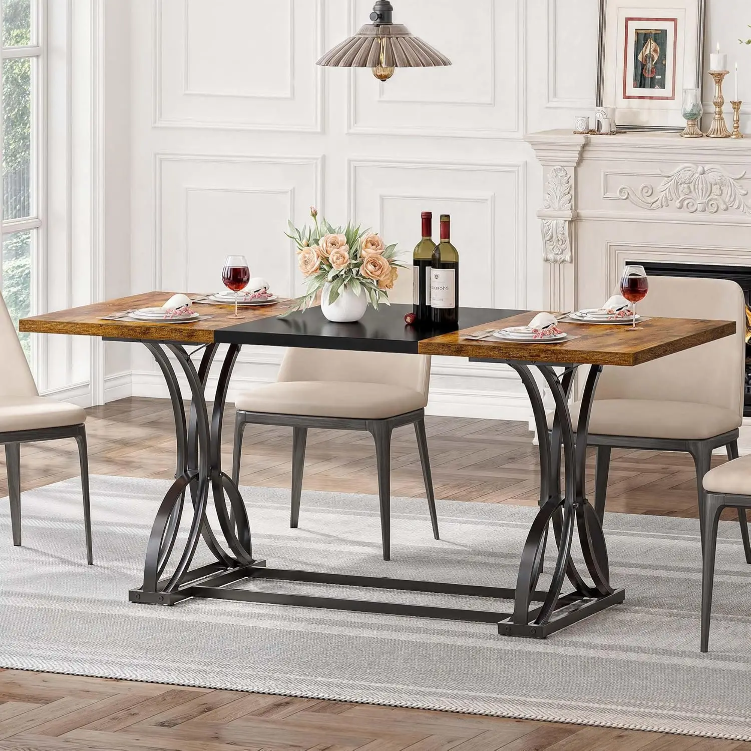 Mesa de comedor grande de granja de 70,3 pulgadas para 6-8 personas, mesa de comedor de cocina marrón rústica rectangular estilo industrial de madera con