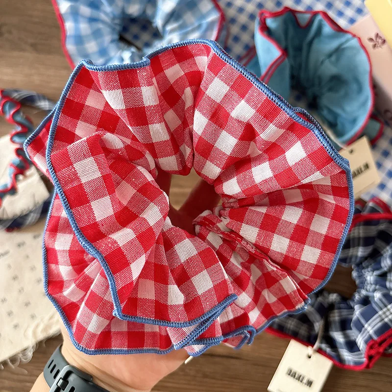 إكسسوار شعر كاواي كبير الحجم Scrunchie Tartan طبقة مزدوجة حامل ذيل حصان Preppy Chic بدون زلة للاستخدام اليومي للمراهقين