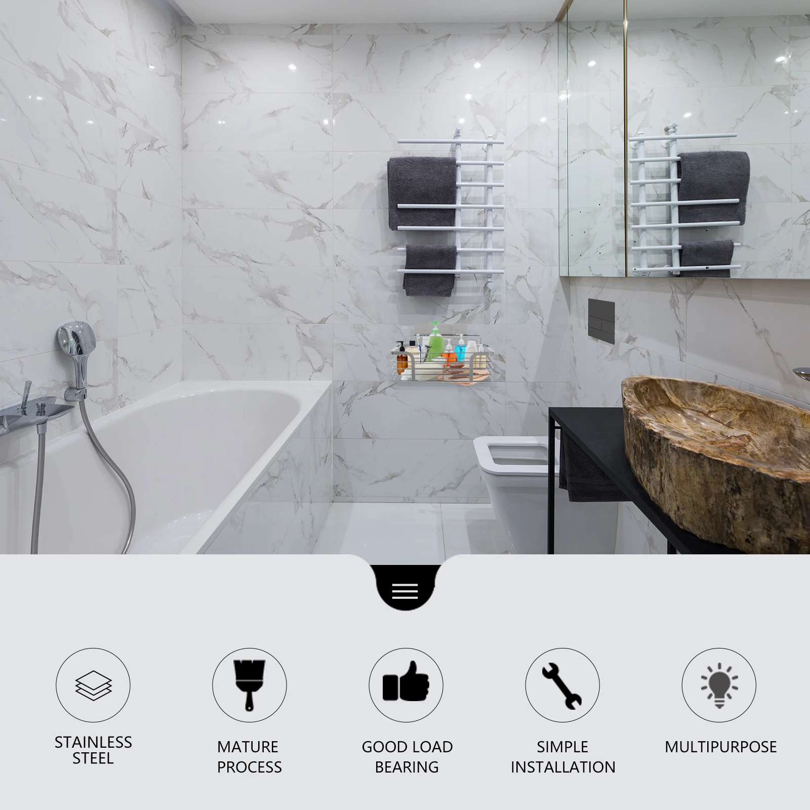 

1pc Stainless Steel Wall Mounted Storage Shelf Shampoo Holder Organizer Bathroom Rack Floating Shelves Set Kitchen Towel