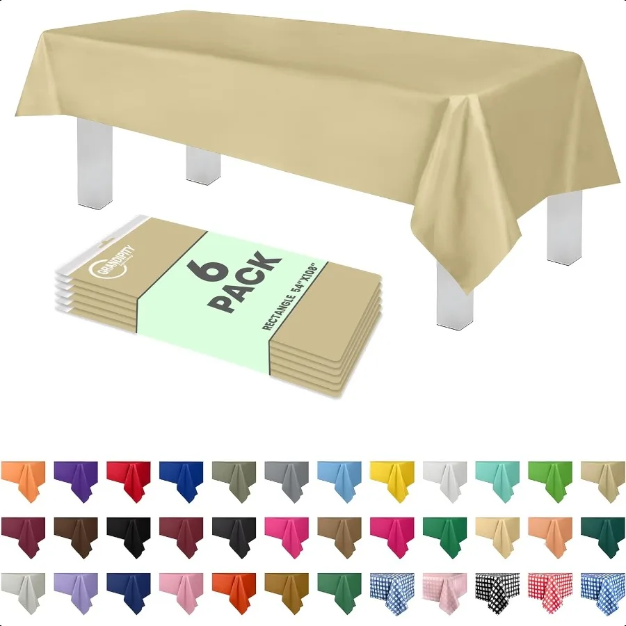 

Beige Plastic Table Cloth 6 Pk 54in x 108in Plastic Tablecloths for Rec Tables Premium Party Table Cloths for 6ft to 8ft Rec