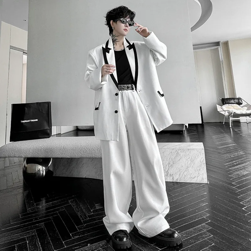 IEFB Korean Style Men's Two-piece Sets Contrast Color Loose Single Breasted Blazers Straight Leg Loose Male Suit Pants 12C1452