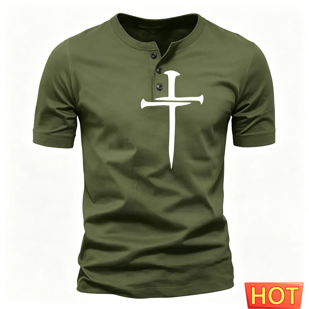 Summer Men's Henley Shirt Funny 3D Cross Gradient Print Tops Fashion Henry Collar Short Sleeve Tee Casual Loose T-shirt Clothing view 6