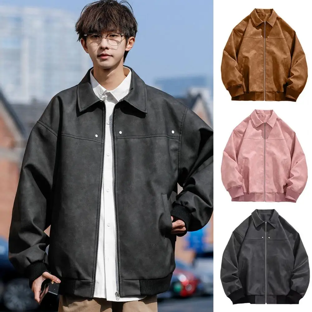 

Men Jacket Stylish Lapel Men's Jacket with Full Zipper Closure Pockets Versatile Outwear for A Trendy Look Men Zipper Pocket