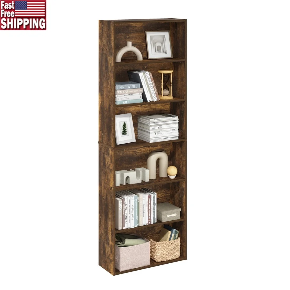 

Free Standing Adjustable 6-Tier Open Storage Bookcase Durable Composite Wood Tall Slim Design Home Office Living Room