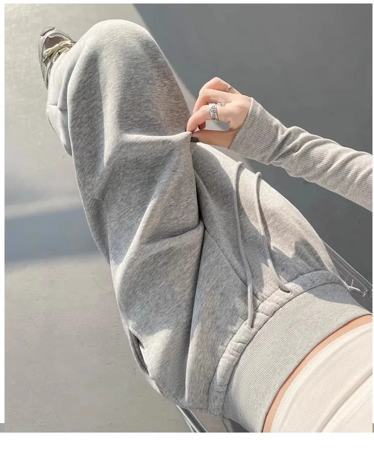 Damen Graue Sport-Hose mit Hoher Taille, Locker Sitzend, Schlankmachend, Gerades Bein, Weites Bein, Amerikanische Jogginghose – Detail 12