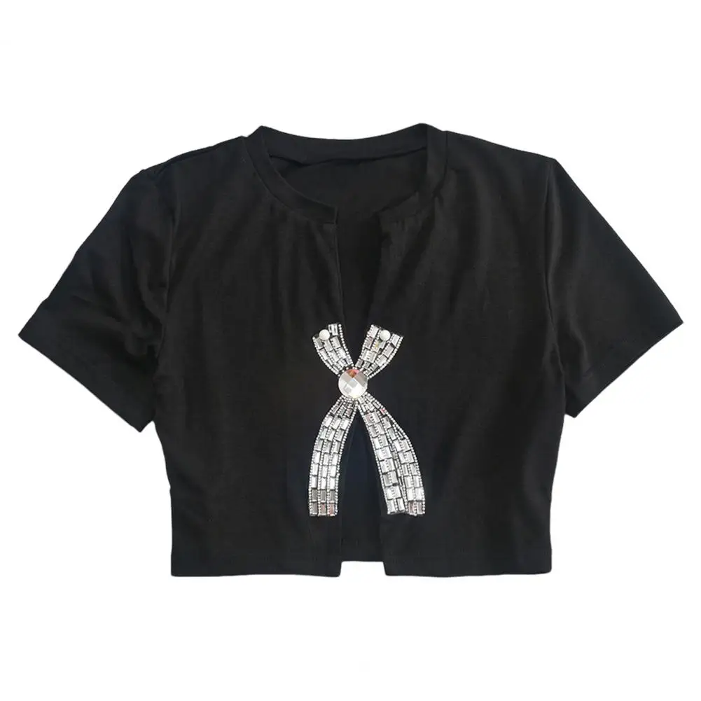 Cropped Tops with Bow Decoration Bow-shaped Rhinestone Crop Tops Stylish Summer Cropped Tops with Bow Detail Hot Drill for Women