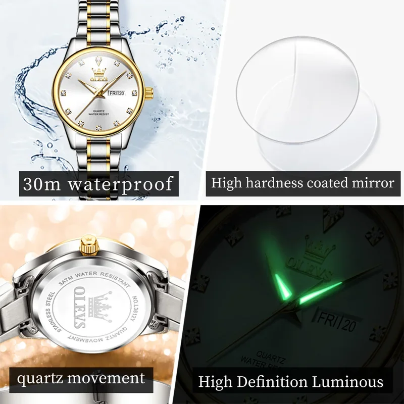 Olevs 3612 elegant quartz ladies watch week calendar display dress watch women waterproof stainless steel clock