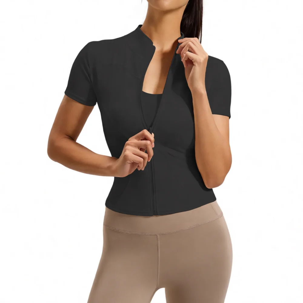 Breathable Fitness Yoga Shirt Women Stand Collar Short Sleeve Top Quick Dry Gym Workout Clothes Slim Fit High Elastic Sportswear