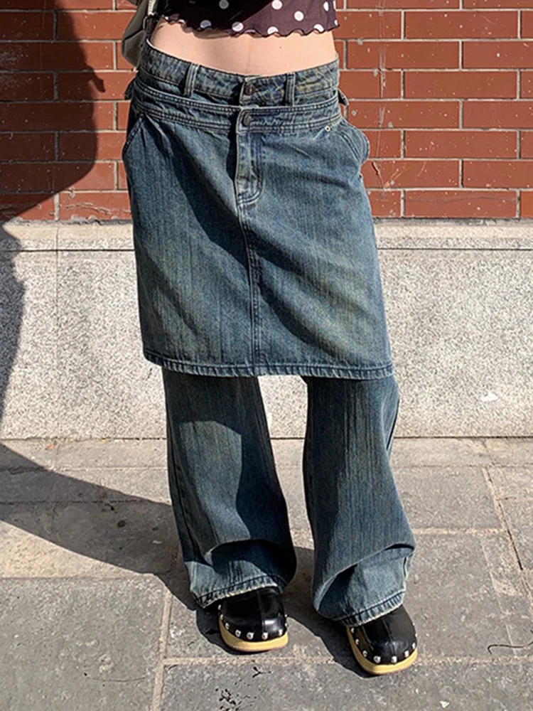 YERMORA High Waist Blue Fake Two Pieces Denim Wide Leg Pants For Women Loose New Casual Jeans Fashion Tide Spring Autumn 2026