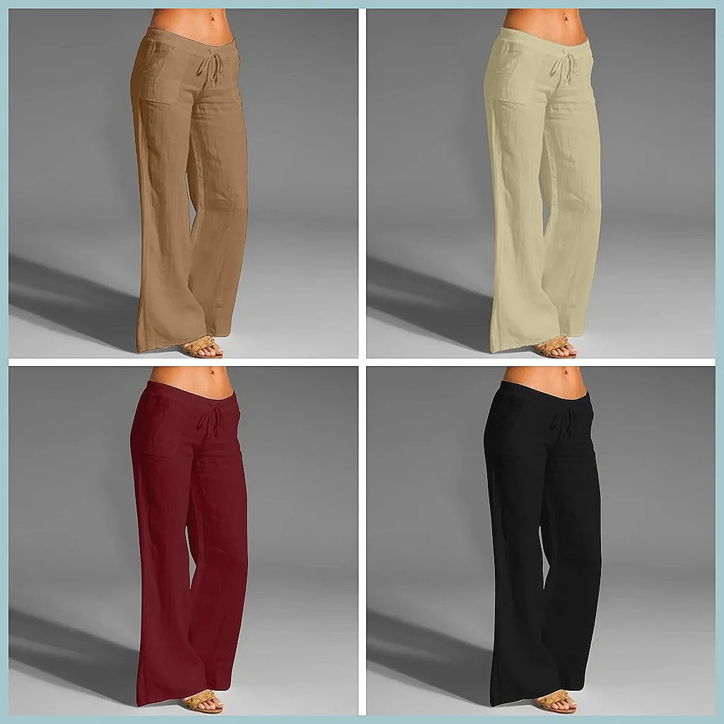 

Women's High Waisted Wide Leg Pants - Elastic Drawstring Cotton Linen Trousers, Casual Fashion Straight Leg