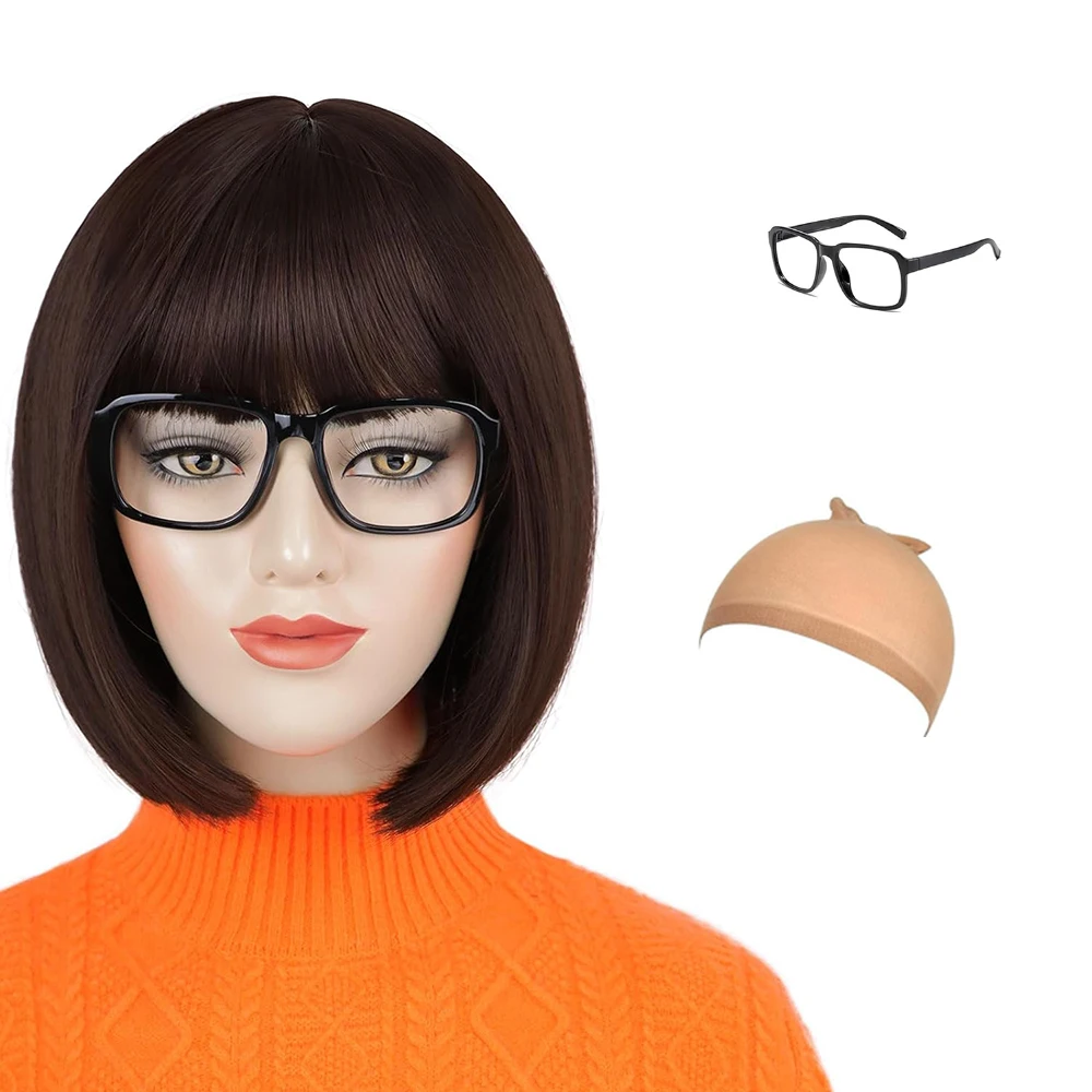 Synthetic 12 inch Wigs Brown Bob Short Wig with Glasses with Bangs for Women Straight Bob Heat Resistant for Daily Party Cosplay