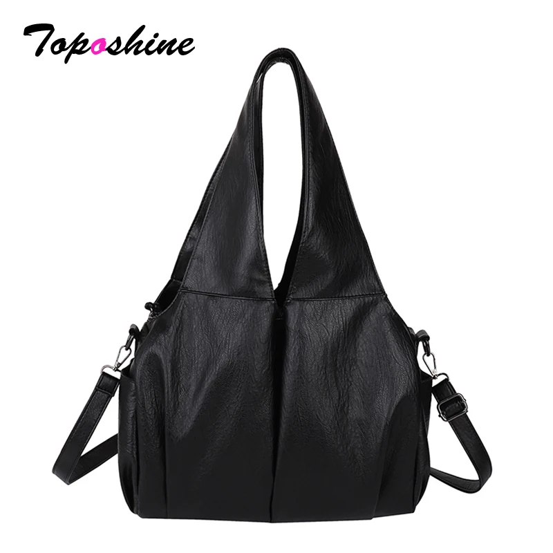 Toposhine Women's Black Soft PU Leather Hobo Tote Bag Large Capacity Commuter Shoulder Crossbody Handbag with Adjustable Strap